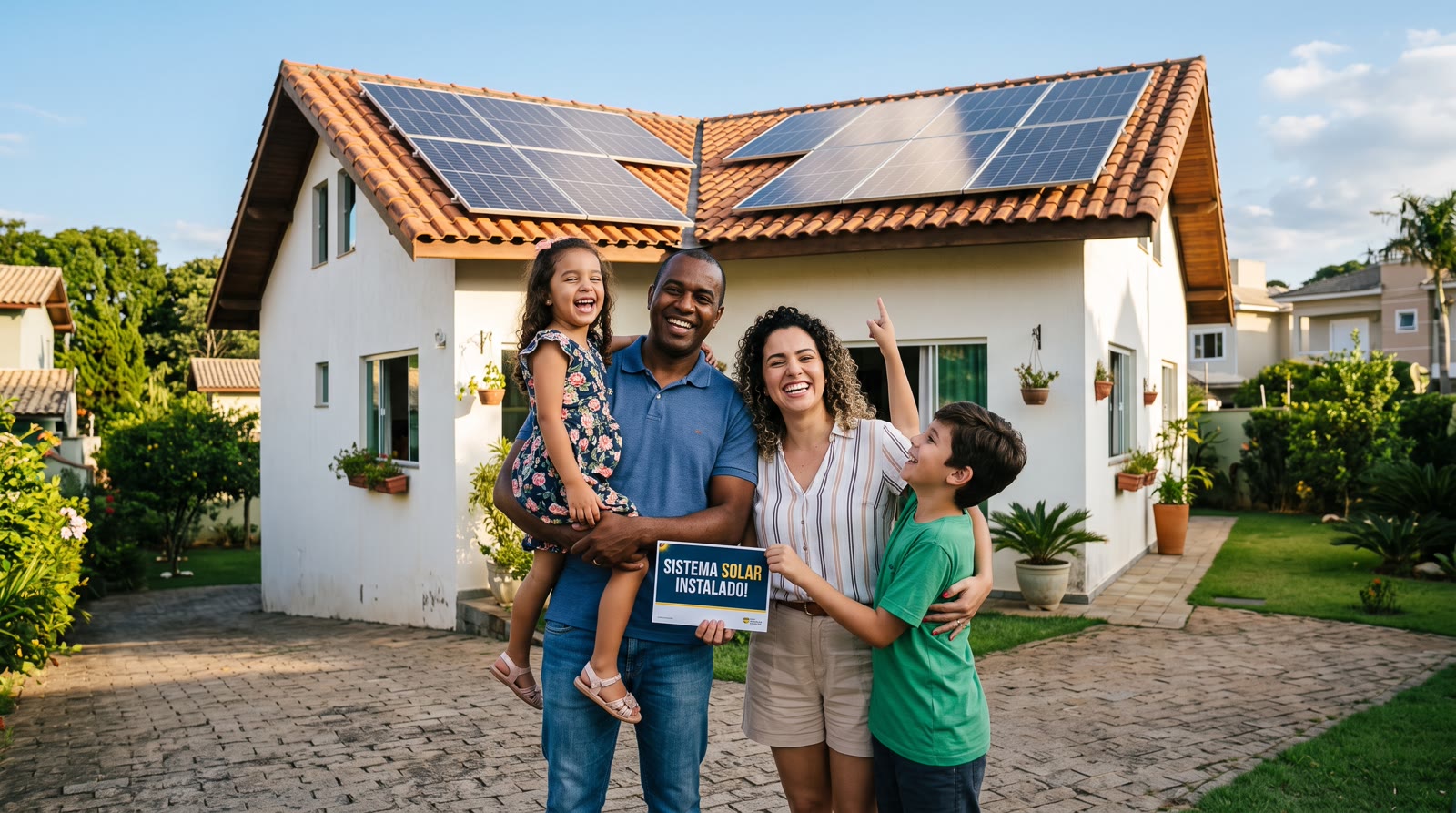 Cliente em casa, junto a uma janela, com um telhado com painéis solares visível ao fundo.