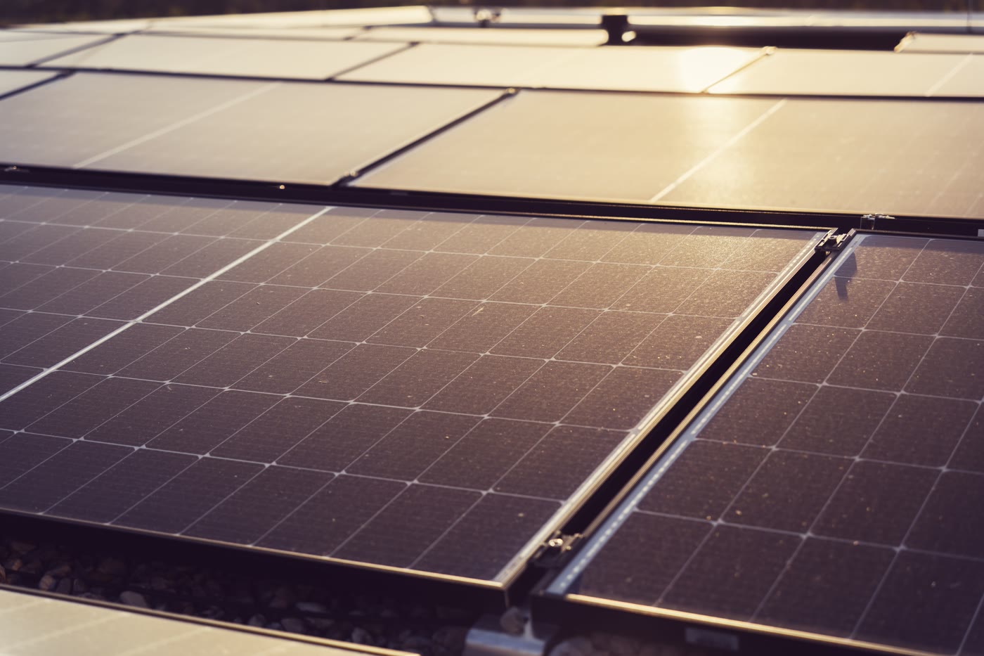 Close-up da superfície de um painel solar, com a grelha das células fotovoltaicas.